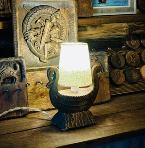 Drakkar Viking Boat Lamp with Linen Sail – Handmade Wooden Table Lamp - Picture 1 of 15