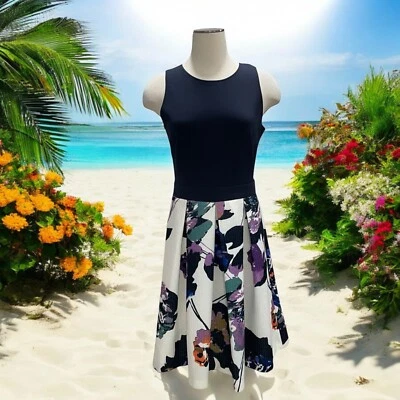 Gabby Skye Navy Sleeveless Fit and Flare Dress Floral 8 Elegant Party Cocktail - Image 1 of 4