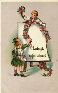 Happy Birthday Boy and Girl with Pink Roses Vintage Postcard B145 - Picture 1 of 2