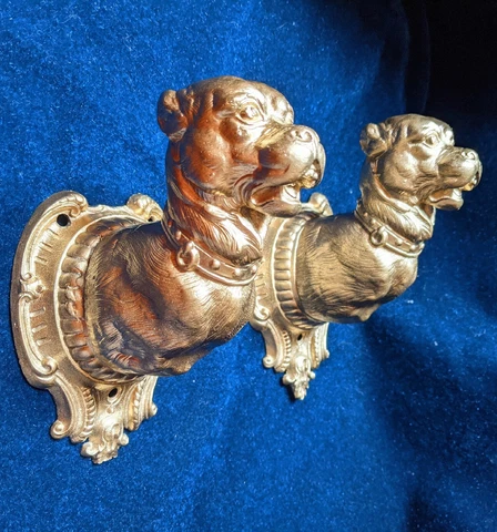 PAIR OF FRENCH VINTAGE METAL WALL DECORS MOUNTS  GUARD DOG HEADS Cover