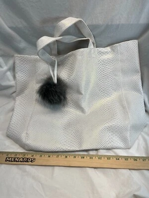 Large White Faux Snake Skin Tote Faux Fur Pom Black Shoulder Bag NWOT - Image 1 of 4
