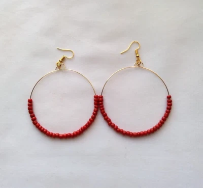 Red Glass Bead Pierced Earrings Dangle Large Gold Tone Hoop Handmade Boho Chic - Image 1 of 4