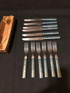 Vintage 12er Set National Silver Company 6500 Besteck mit blauem Griff und Box - Bild 1 von 9