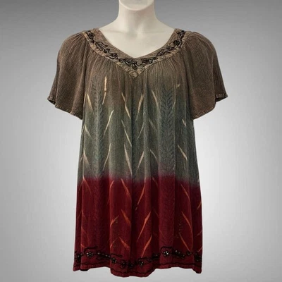 VTG Country Western Glam Boho Top Free Size Plus Brown Red Ombre Crinkle Beads - Image 1 of 4