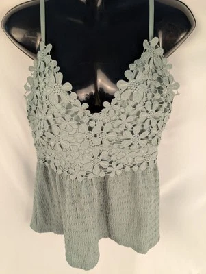 Vintage Y2K Derek Heart Top Womens L Sage Green Cami Smocked Babydoll Crocheted  - Image 1 of 4