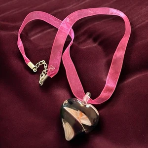 Murano Kunst Glas Herz Anhänger Halskette 80er Jahre rosa Band Statement Schmuck - Bild 1 von 7
