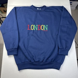 Vtg Fleece Crewneck Sweatshirt Exclusively Churchill XL Blue Embroidered London - Picture 1 of 9