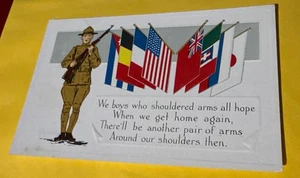 WW1 We Boys Who Shouldered Arms Patriotic Doughboy Postcard Flags WWI Embossed - Afbeelding 1 van 2