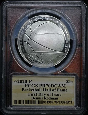 2020-P $1 Silver Basketball Coin Signed D Rodman PCGS PR70DCAM - Image 1 of 2