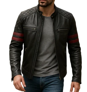 Lässige schwarze Herren Lederjacke mit roten Streifen - Slim Fit Café Racer Style - Bild 1 von 5