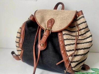 Lucky Brand Backpack Purse Drawstring Tweed Burlap Look Faux Leather Trim Boho - Image 1 of 4