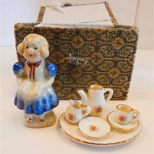 VNTG Little Porcelain Doll with Miniature Tea Party Set in Small Upholstered Box - Picture 1 of 5