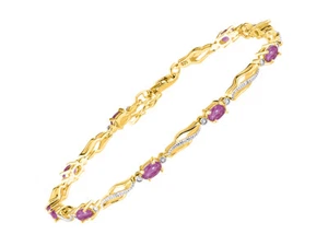 RYLOS STAR RUBY & DIAMOND TENNIS BRACELET YELLOW GOLD PLATED SILVER 7-8"  - Picture 1 of 6