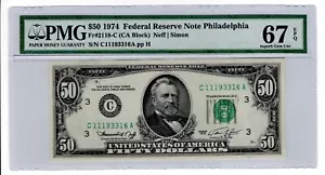 TOP POP RARE - 1974 $50 FRN PHILADELPHIA PMG 67EPQ GEM FR2118-C CA Block 1/7 - Picture 1 of 2