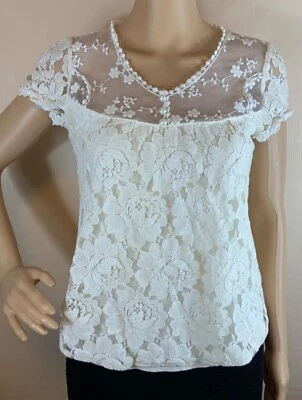 Ultra Pink Women Jrs Small Lace Blouse Pearl Button Romantic Ivory Lined - Image 1 of 4