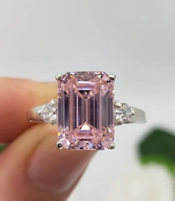 Anillo de diamantes de zafiro rosa corte esmeralda natural certificado de 5,40 quilates de oro blanco de 18 quilates Foto 1 de 4