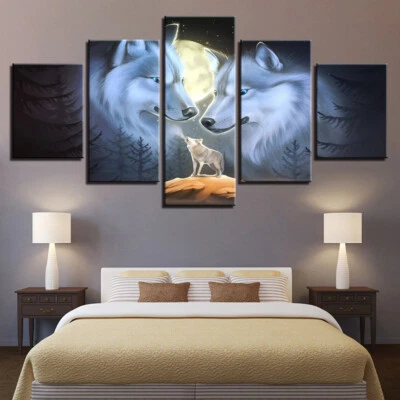Wolf Families Full Moon Wolves Animals Canvas Print Painting Wall Art Home Decor - Image 1 of 4