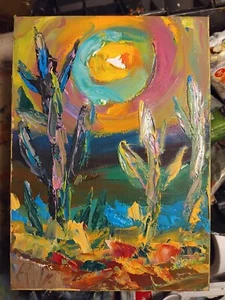 Impasto Cactus Desert Oil Painting - handmade Mexican cacti trippy art 5x7 - Picture 1 of 6