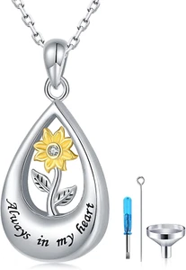 Sunflower Teardrop Urn Necklaces for Ashes - Silver Sunflower in the Teardrop Me - Picture 1 of 7
