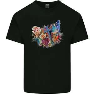 T-Shirt Christian Cross & Butterfly with Flowers Herren Baumwolle T-Shirt Top - Bild 1 von 17