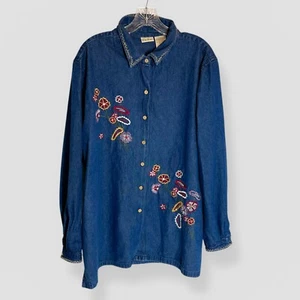Bobbie Brooks Gr. XL Denim Button Down Hemd blau Blumen bestickt Freizeit - Bild 1 von 6