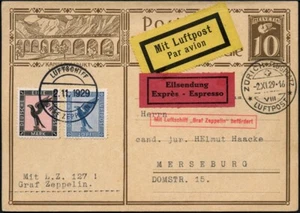 Zeppelin 1929 Dt. Reich Fahrt nach Zürich Express Ganzsache Schweiz Si 45 / 2186 - Bild 1 von 1