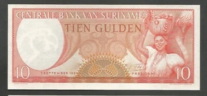 Suriname 10 Gulden 1.9.1963; UNC; P-121b; BNB-B507b; Woman with basket of fruit - Picture 1 of 2