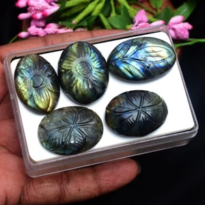 5 Pcs Natural Labradorite 30mm-34mm Oval Hand Carving Flashy Untreated Gemstones - Picture 1 of 4