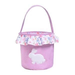 Decorative Fabric Woven Basket with Handle Pink Rabbit Print Eggs Collection Bin - Picture 1 of 8