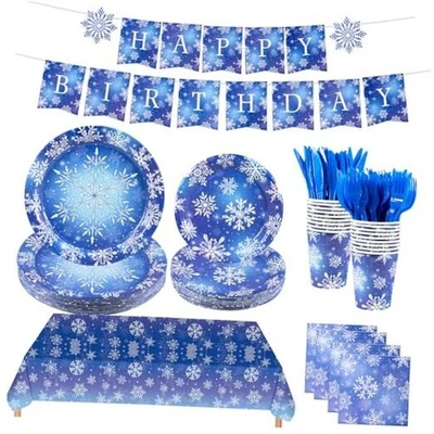 182 Piezas Suministros para Fiesta de Cumpleaños Sirven 30, Azul y Púrpura Copo de Nieve Congelado Foto 1 de 4