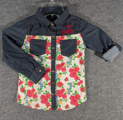 Camisa COOGI Niñas Jóvenes Talla 6 Floral Denim Botón a Presión Pestaña Enrollable Botón a Presión Foto 1 de 4
