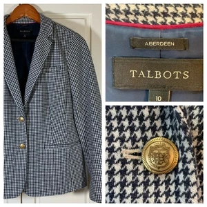 Talbots Aberdeen Houndstooth Blazer Size 10 Navy Blue Gold Button Classic - Picture 1 of 22
