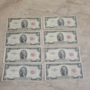 1953-1963 CIRCULATED Two Dollar Bill $2 Note  Red Seal lot of 8 EIGHT - Picture 1 of 10