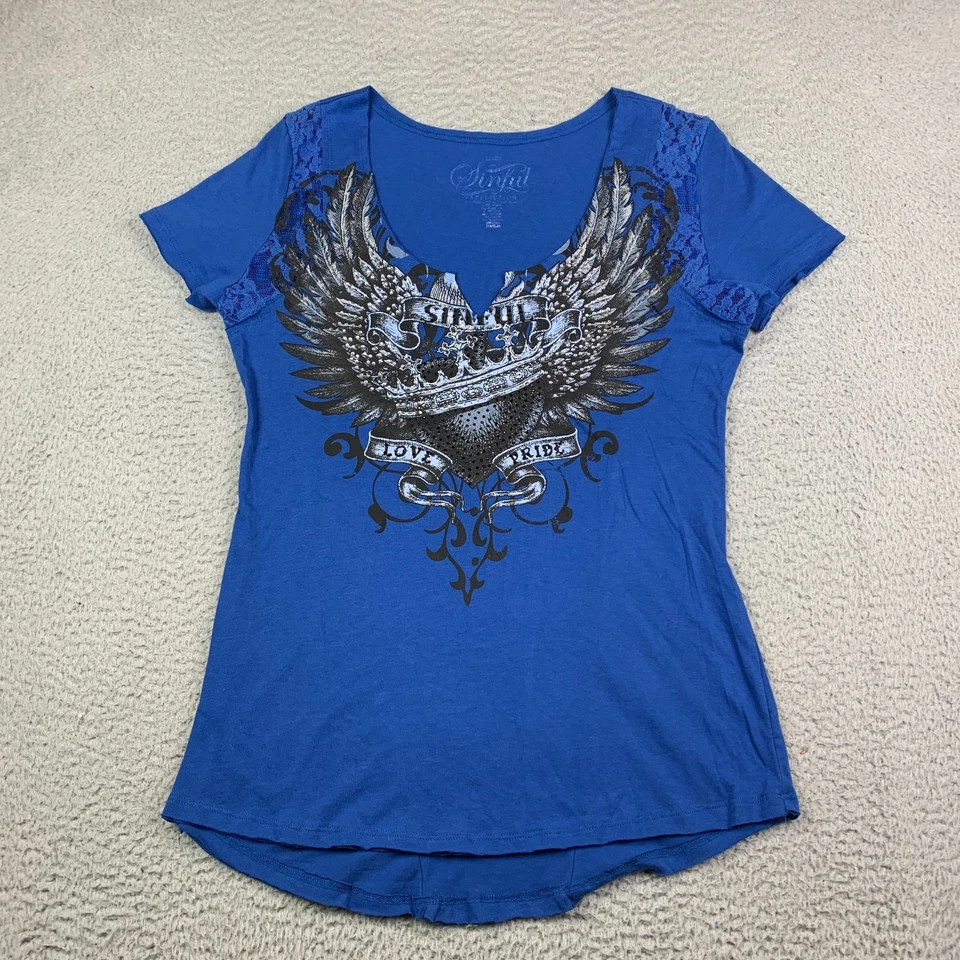Sinful by Affliction Y2K T-shirt Women's Large Top Rhinestone Bling Blue USA - Image 1 of 4