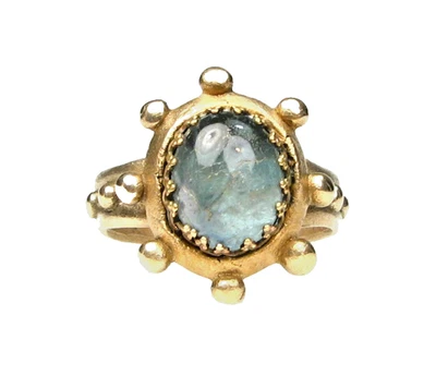 Anel de bronze dourado estilo antigo - Pedra fluorita - Tamanho 7 - Imagem 1 de 3