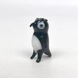 Hand Blown Art Glass Owl BLACK Color 1.25" Tall Miniature Bird Animal Sculpture - Picture 1 of 10