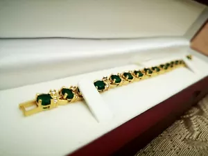 Yellow gold finish Green Emerald Oyster Range created diamond tennis bracelet  - Picture 1 of 11