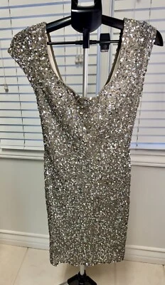 Sexy Sophisticated Sparkle Silver Sequin Long Sleeve Silk Size 10 Dress By Scala - Image 1 of 4