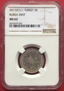 TURKEY - OTTOMAN , 5 KURUSH MOHAMED V 1327/1 AH BURSA UNC - NGC MS 62 , RAREF - Picture 1 of 2