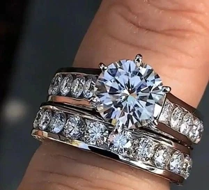 2.8Ct Round Lab Created Diamond Bridal Set Engagement Ring 14K White Gold Plated - Picture 1 of 5