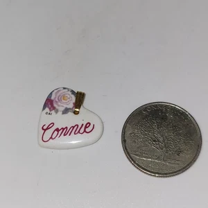 Connie Heart Shaped Kiln Fired Porcelain Metal Bail Pendant ~ Flower graphic - Picture 1 of 3