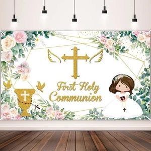 First Holy Communion Backdrop Banner Pink Floral God Bless Baptism Mi Bautizo... - Picture 1 of 6