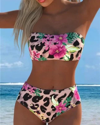 New Stunning Floral Leopard Print Bandeau Bikini With High Waisted Bottoms-  16 - Image 1 of 4