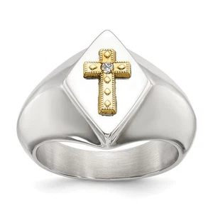 Stainless Steel with 14K Gold Accent and .01ct Diamond Cross Signet Ring Size 9 - Picture 1 of 6