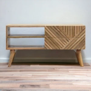 Solid Wood Danish Tv Stand Media Unit With 2 Drawers & Shelves Carving designer - Picture 1 of 10