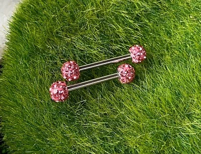 PAIR Crystal Paved Ferido Balls Nipple Rings Surgical Steel Barbells 14mm 14g - Image 1 of 2