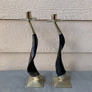 Alpaca Silver Black Goat Horn Taper Candlestick Holders Midcentury Vintage - Bild 1 von 5