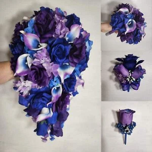 Purple Royal Blue Rose Calla Lily Bridal Wedding Bouquet Accessories - Picture 1 of 26