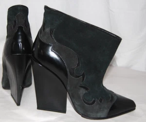 $1125❤️US8 SERGIO ROSSI Black Gray Green Leather WESTERN Wedge Ankle Boots ITALY - Picture 1 of 12