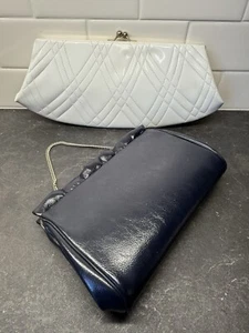 LOT of 2 Elegant Vintage Handbags White Patent Leather & Blue Chain Clutch Purse - Picture 1 of 17